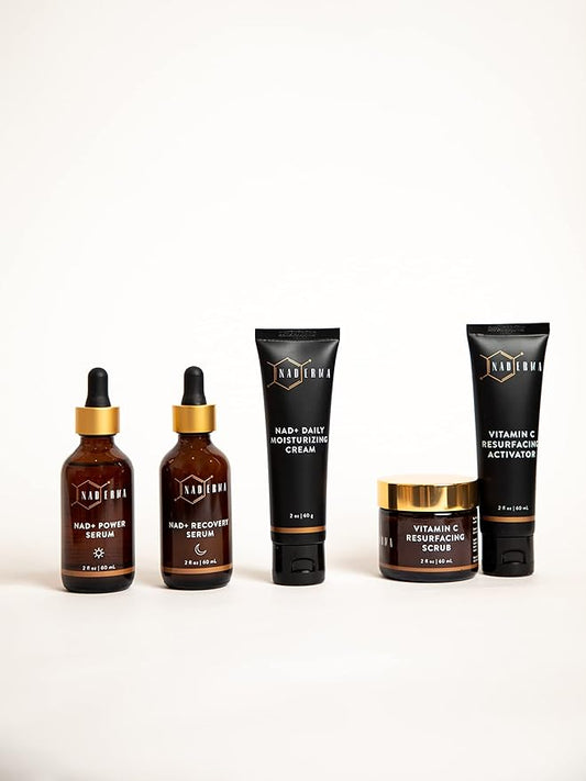 Naderma Set (NAD+ Daily Moisturizing Cream, NAD+ Power Serum, NAD+ Recovery Serum, and Vitamin C Resurfacing Scrub + Activator))