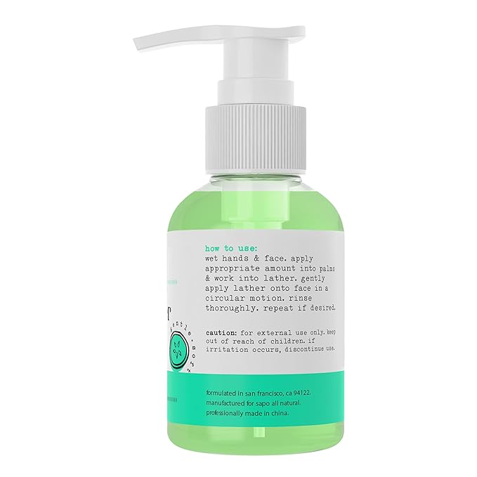 Sapo Cucumber Face Cleanser - Gentle Gel Wash with Aloe Vera, Coconut Oil, Neem and Vitamin C - For Dry, Sensitive, Oily or Acne Prone Skin, 4 oz