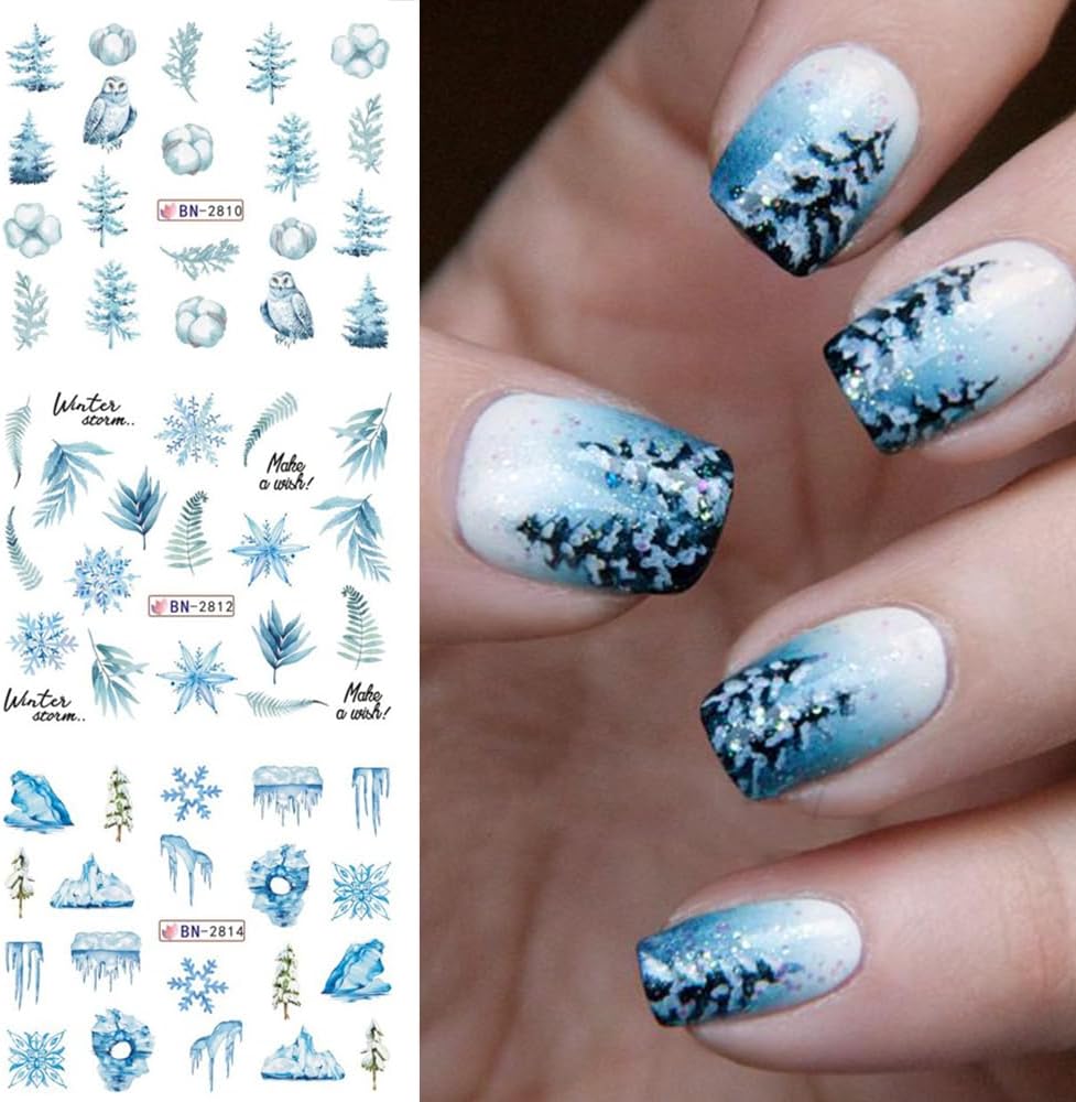 12 Sheets Snowflake Nail Art Stickers Water Transfer Nail Decals Christmas Nail Art Decorations Blue Snowflake Elk Santa Tree Bear Cute Winter Pattern Watermark Nail Stickers for Women DIY Nail Supply