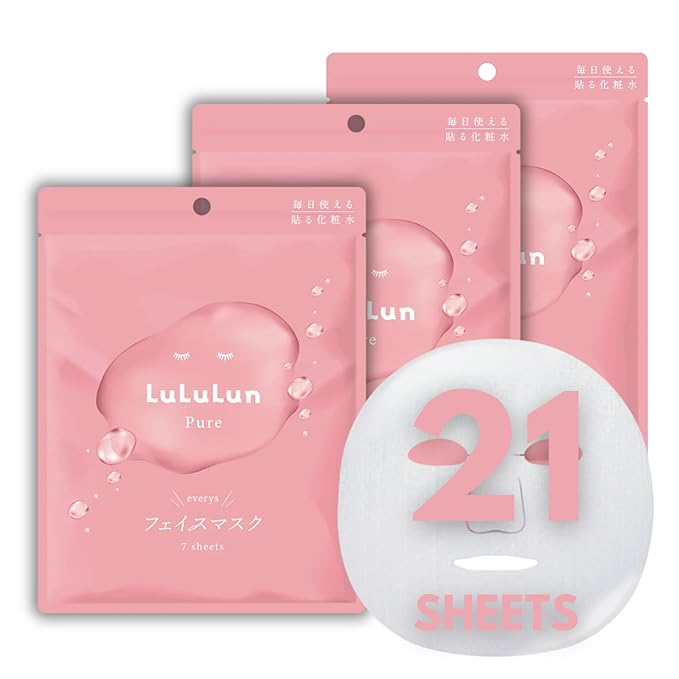 Lululun 21 EA Facial Sheet Masks for Dry Skin & Dull Skin Women & Men, Hydrating & Moisturizing Daily Face Sheet Mask with Seaweed & Cranberry Extracts, Natural Face Skincare from Japan, PURE PINK