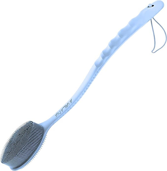 Avilana Silicone Body Scrubber – Gentle Shower Brush & Loofah Alternative- Food Grade & Lab Tested – Fast-Drying, Hygienic, BPA-Free Silicone Body Gentle Exfoliator (Blue, Long Handle)
