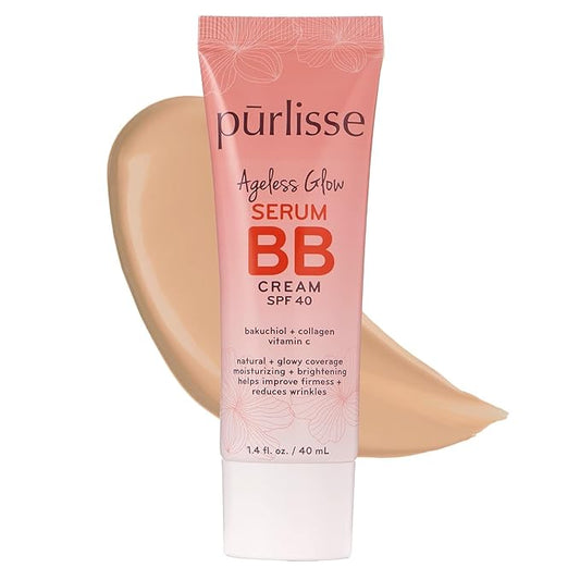 pūrlisse Ageless Glow Serum BB Cream SPF 40 - Glow BB Cream with SPF Enriched with Bakuchiol & Vitamin C to Help Improve Firmness & Reduce Wrinkles for Dewy Skin - Light Warm (1.4 oz)