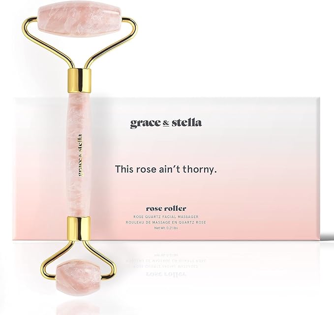 Rose Quartz Face Roller - Face Roller Skin Care - Facial Roller - Stone Roller For Face - Face Massager Roller For Lymphatic Drainage, Puffiness - Quartz Roller For Face by grace and stella