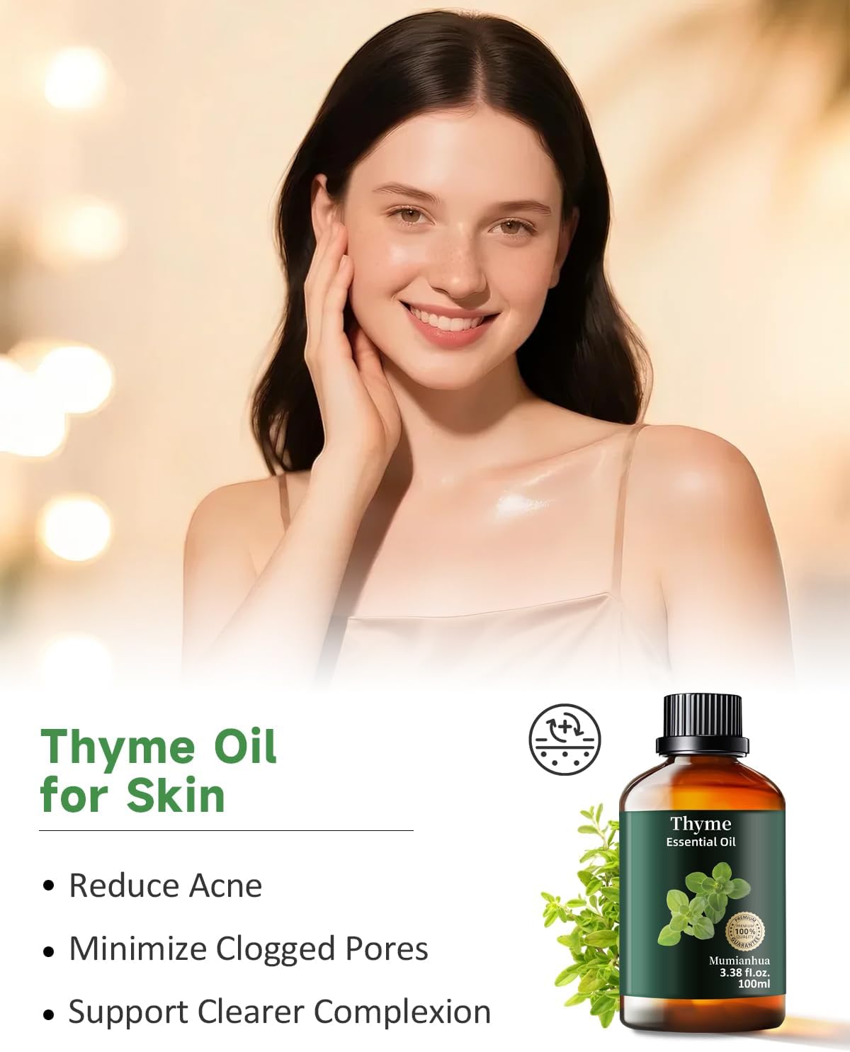 Thyme Essential Oil Pure, Mumianhua Natural Thyme Oil, Therapeutic Grade Aromatherapy Oil for Diffuser, Hair Care, Skin, Massage, Soap,Candle Making, Scent DIY 3.38 Fl Oz