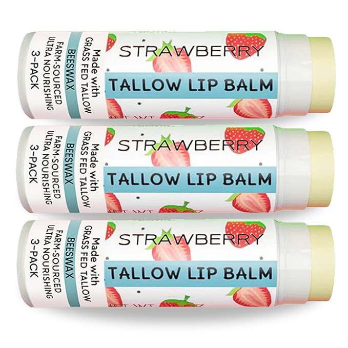 Tallow Lip Balm by Cattle Creek – Organic, All-Natural Ingredients, Long-Lasting Moisture and Hydration for Dry, Cracked, and Chapped Lips, Soothing Formula for Soft Skin (Pack of 3, Strawberry)