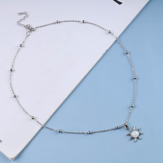 Vintage Opal Crystal Sun Pendent Necklace Opal Sunburst Necklace Moonstone Sun Choker Necklace Gold Ball Chain Necklace Jewelry for Women (Gold)