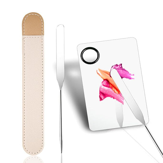 Picasso Makeup Spatula and Palette Set, Korean Makeup Spatula with Leather Cover, Stainless Steel Makeup Palette with Scraper Tool, Metal Foundation Palette for Cosmetic Pigment Blending（SS）