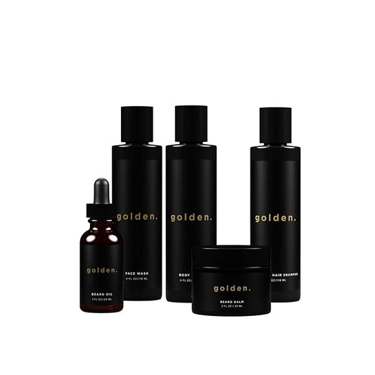 Golden Grooming Co. Everyday Grooming Bundle for Textured Hair & Melanin-Rich Skin | Essential Beard & Skincare Kit with Beard Shampoo, Face Wash, Beard Oil, Body Wash & Beard Balm