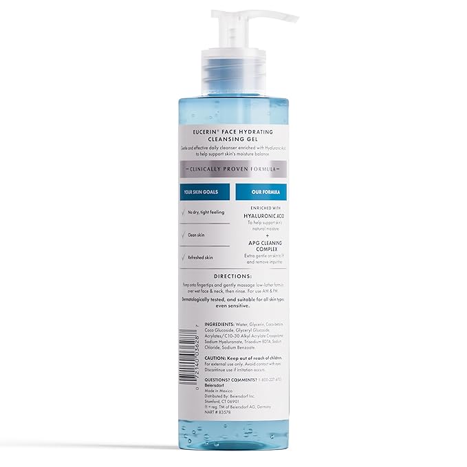 Eucerin Face Gentle Cleansing Hydrating Cleansing Gel, Daily Face Wash and Makeup Remover with Hyaluronic Acid, 13.5 Fl Oz Bottle