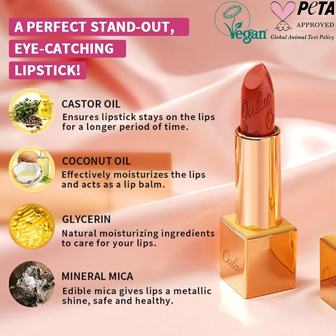 Oulac Metallic Brown & Nude Lipstick Set - 2PCS Vegan Lightweight Hydrating Formula with High Impact Lip Color for Full Coverage Lip Makeup, Christmas Gifts for Women, 08+10
