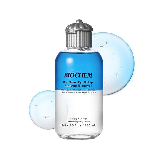 BIOCHEM Bi-Phase Eye & Lip Heavy Makeup Remover, Waterproof Mascara Remover, Gentle Cleanser liquid for Makeup with Natural Ingredients for Sensitive, Normal Skin Types (4.06 fl. oz / 120 ml)