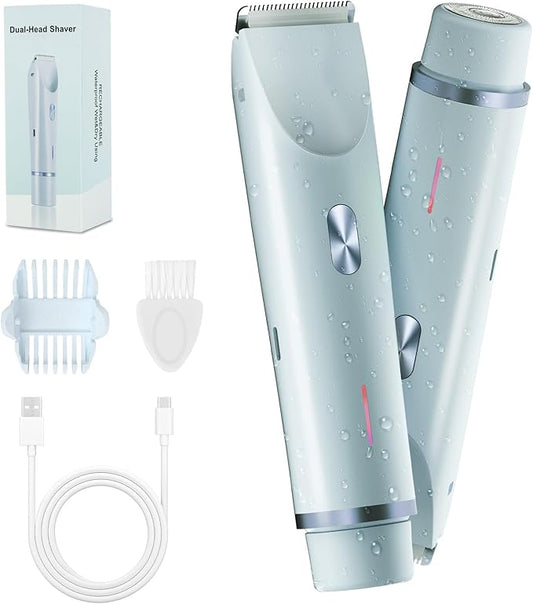 2-in-1 Bikini Trimmer and Shaver Kit for Women, Electric Body Hair Trimmer Facial Hair Removal Cordless Bikini Shaver Razor for Face Lip Chin Pubic Underarm Legs, Blue