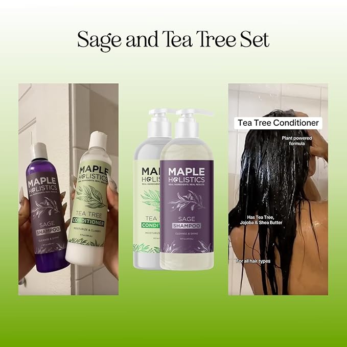 Sulfate Free Shampoo and Conditioner Set - Tea Tree Sage and Rosemary Shampoo and Conditioner for Dry Flaky Scalp Care - Deep Cleansing Color Safe Shampoo and Conditioner for Damaged Dry Hair Care