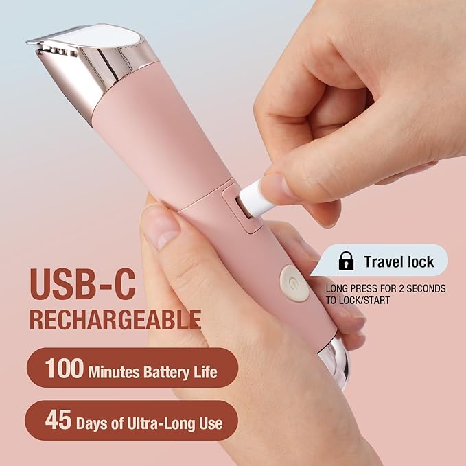 SUPRENT Bikini Trimmer Women- Painless Ladies Hair Removal Waterproof Wet & Dry- 2 in 1 Lady Shaver for Pubic Hair & Facial Hair- Cordless Electric Razors with USB-C Rechargeable-Pink