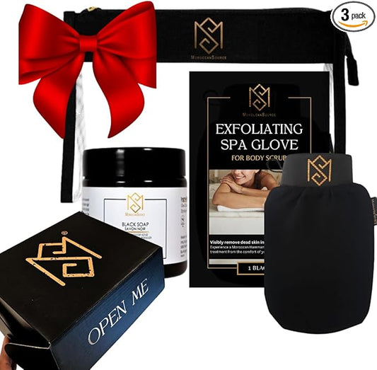 Exfoliating Glove Kessa Mitt Body Scrubber - Dead Skin Remover Shower Glove for Dead Skin Scrubbing and Deep Pore Cleansing - by MoroccanSource (3 Piece spa Set)