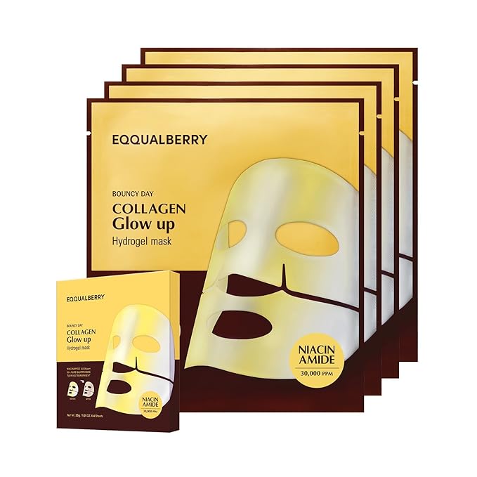 EQQUALBERRY Collagen Glow Up Mask - Niacinamide & Low Molecular Collagen for Brightening and Radiance Boosting | Korean Collagen Face Mask for Glass Skin, 4 Sheets, 1.01 OZ.