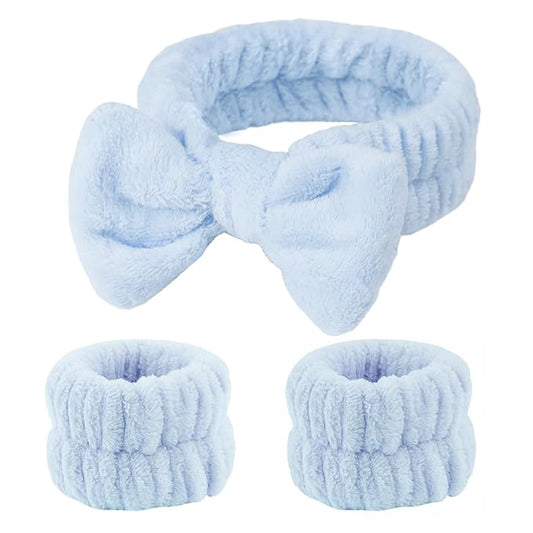Fmeida Spa Headband and Wristband Set,Light Blue, 3 Pack,Spa Night Essentials