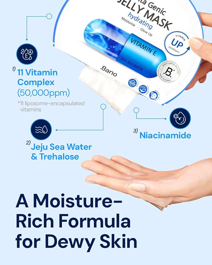 Vita Genic Jelly Face Hydrating Mask 10EA – Firming Sheet Mask for Sensitive Skin, Korean Glass Skin Care with Mineral Water, Vitamin C & Niacinamide, Fragrance-Free, Pack of 2