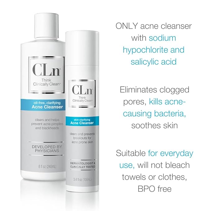 CLn® Acne Cleanser-The Only Cleanser with 0.5% Salicylic Acid Preserved with Sodium Hypochlorite for Clarifying Skin from Blackheads & Breakouts, Oil-Free & Fragrance-Free, 8 fl oz