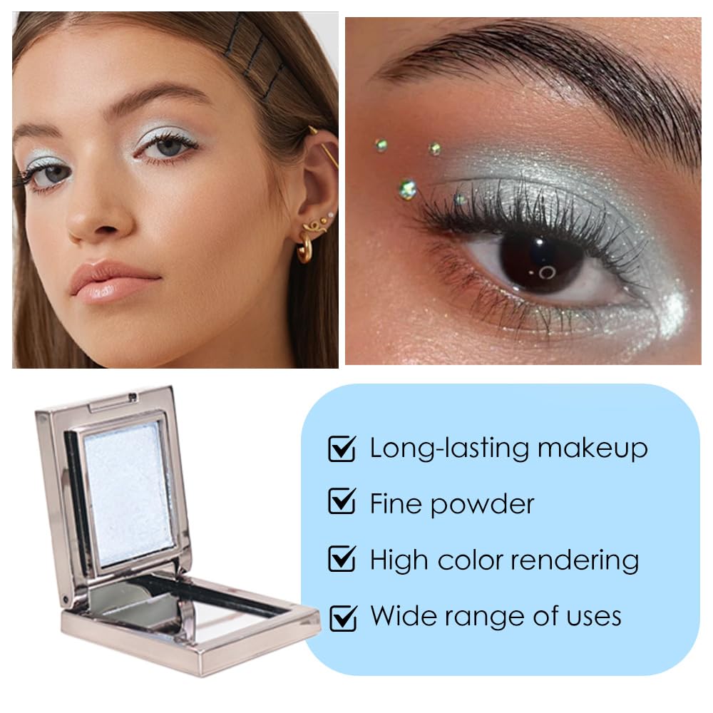 Light Blue Shimmer Single Eye Shadow Palette Makeup with Mirror,Neutral Powder Monochrome Eyeshadow for Older Women,Waterproof Long Lasting Naturing-Looking sombras para ojos