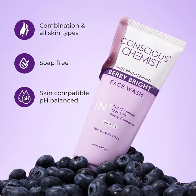 Conscious Chemist® Niacinamide Face Wash | 100ml | Pore Refining & Brightening Cleanser for Men & Women | With Blueberry & Açaí Berry Extracts | All Skin Types | Gentle & Cruelty-Free – Berry Bright