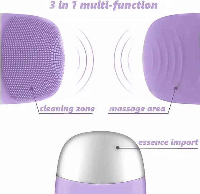 MEGAN Facial Cleansing Brush,USB Rechargeble Electric Silicone Face Scrubber,IPX7 Waterproof Sonic Facial Massager, 3 in 1 face Brush for Deep Cleanning, Blackhead Remover, Exfoliating. (Purple)