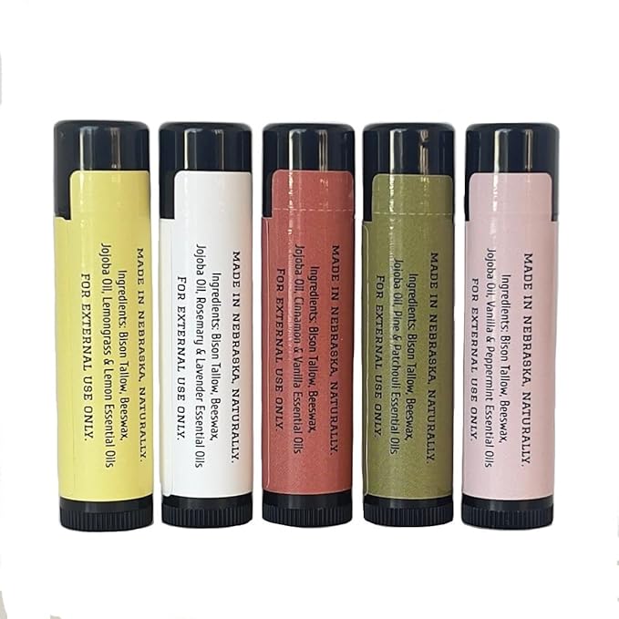 Pure Bison Tallow Lip Balm Set (5 pack) - Moisturizing, Non-Habit Forming, Soothes Chapped Lips, Hydrating