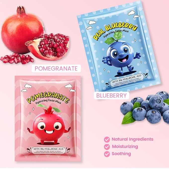 Kaely 10 Pack Fruit Face Masks for Kids, Kids Face Mask Spa Day Kit Supplies, Spa Party Favors for Teens Girls Women, Sheet Facial Mask Skincare Gifts Set, Moisturize Soothe for All Skin Types, 03