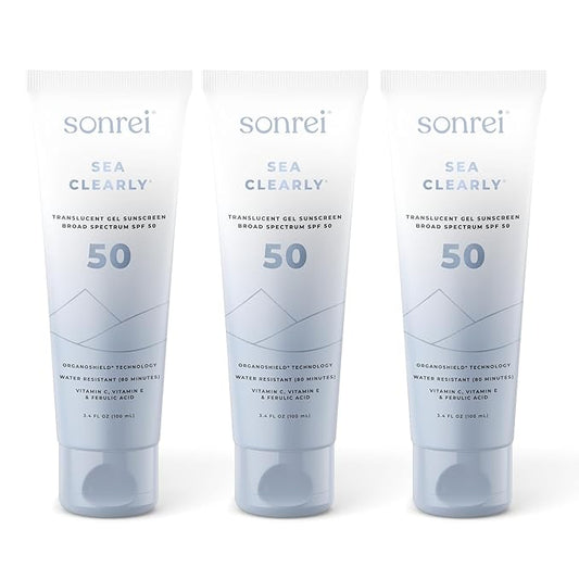 Sonrei Sea Clearly Premium SPF 50 Clear Face and Body Organoshield Sunscreen Gel | UVA, UVB & Antioxidant Enriched, UV Protection, Vegan, GMO & Gluten Free - (10.20 Fl Oz (Pack of 3)