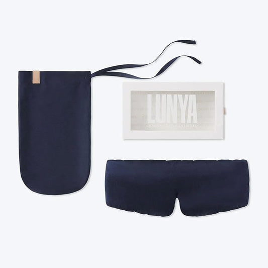 Lunya Sleep Mask with Box - Washable Silk Sleeping Mask and Headband for Beauty Routines - Thermoregulating Comfort for Restful Nights - Silk Eye Mask for Women - Large - Deep Blue
