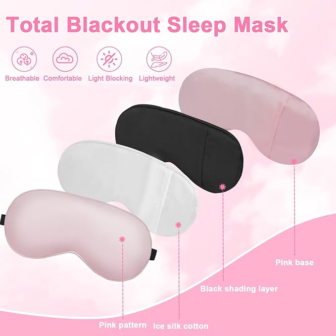 Sleep mask w/Cooling Gel Eye Mask, 2Packs Heated Eye Mask for Sleeping, Reusable Ice Silk Blackout Eye Cover Sleeping Mask for Travel, Home, Office, Yoga, Stocking Stuffers (Black+Pink)
