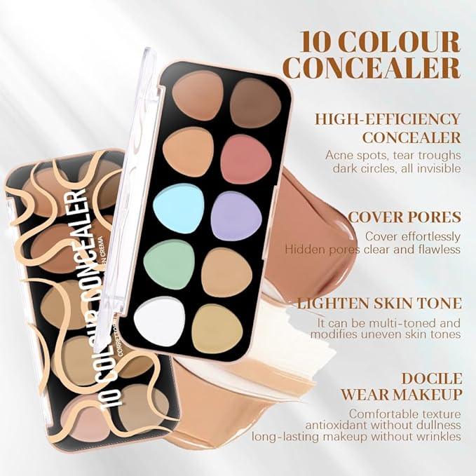 evpct 10 Colors Concealers Full Coverage Cream Contour Palette with Brush for Older Women, Under Eye Color Corrector Tri Color Pot Concealer Palette for Dark Circles Mature Skin Makeup, Waterproof, C2