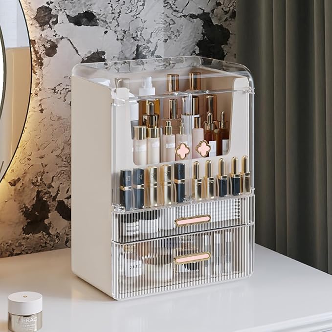 Acrylic Makeup Organizer with Drawers – 38.5CM Large Capacity Cosmetic Storage Box, Dustproof & Waterproof Vanity Organizer for Skincare, Jewelry, Lipsticks & Beauty Products (White)