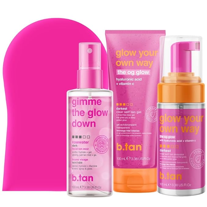 b.tan Clear Self Tanning Gel Travel Size Kit | Glow Your Own Way Gift Set - Includes Mini Dark Fake Tanner Mousse, Gradual Bronzing Face Mist, Express Transfer Free Tan Gel, & Applicator Mitt