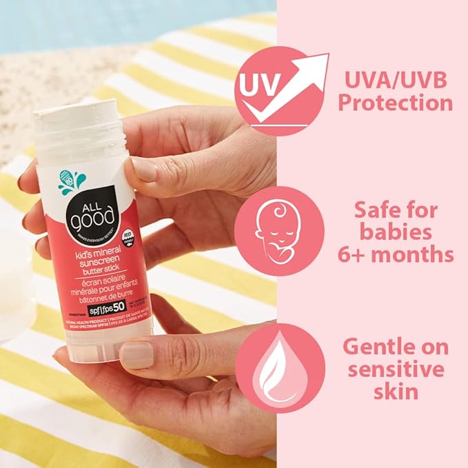 All Good Baby & Kids Mineral Sunscreen Butter Stick for Face, Nose, Ears - UVA/UVB Broad Spectrum SPF 50, Coral Reef Friendly, Water Resistant, Zinc Oxide, Coconut Oil, Vitamin E (2.75 oz)(3-Pack)