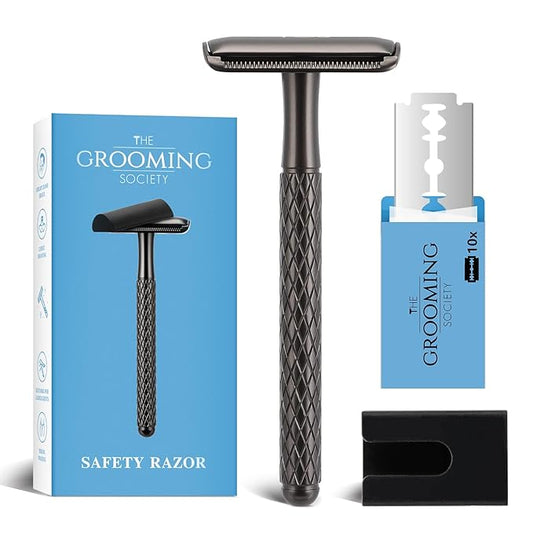 Single Blade Safety Razor for Men with Silicone Cover & 10 Blades Double Edge Safety Razor for Travel Metal Eco-Friendly Reusable Razor for Shaving (Matte Black)