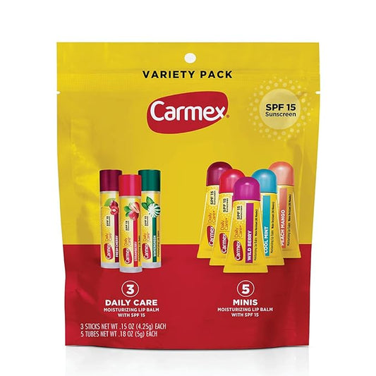 Carmex Daily Care and Daily Care Minis Moisturizing Lip Balm Pack, SPF 15, Multi-Flavor Lip Care Variety Pack Bag, 8 Count (3 Sticks, 5 Mini Tubes)