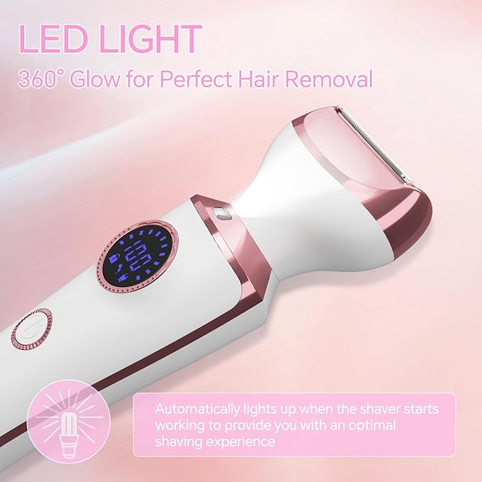 Electric Razor for Women, 4-in-1 Bikini Trimmer & Body Shaver for Face, Legs, Underarms, Pubic Hair, Rechargeable Wet/Dry Painless Hair Removal with LED Light & Travel Lock