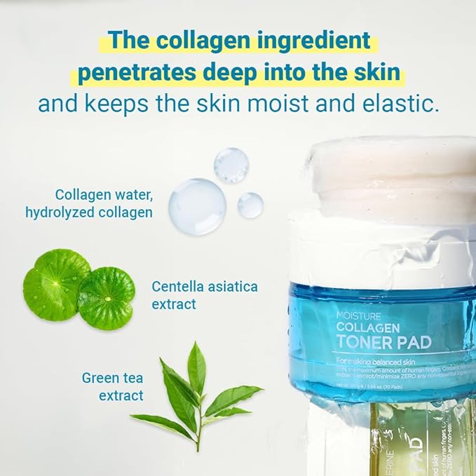 TENZERO Moisture Collagen Toner Pad (70 Count, 160g), 100% Natural Cotton, Hydrating Moisturizing Glowing Face Toner Pads, Gentle Exfoliate & Improve Elasticity, Korean Facial Toner, Dry & Dull Skin