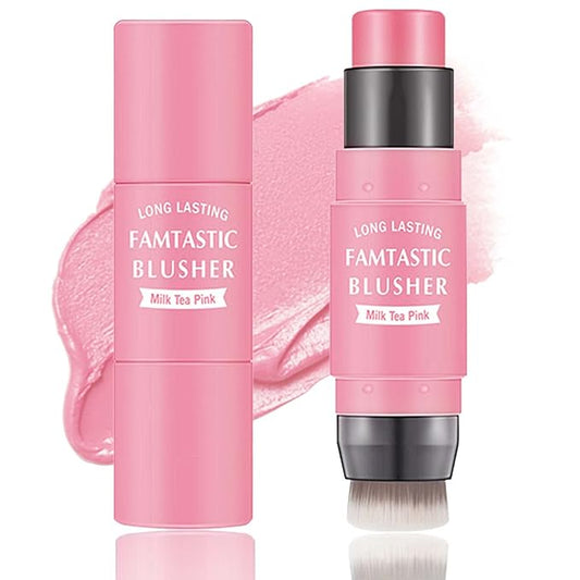 Cream Blush Stick,Blush Stick for Cheeks with Contour Brush,3-in-1 Long Lasting Waterproof Blush&Eye Shadow&Lip Gloss for Fair Skin Types（01 Milk Tea Pink）