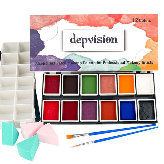 Depvision Alcohol Activated Face Paint SFX Makeup 12 color for Special Effects Wound Bruise Waterproof Professional Makeup Artist with Color Palette Sponges Brushes Skin Illustrator