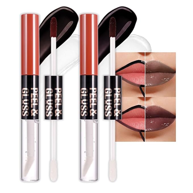 2Pcs Lip Stain Peel Off Lip Gloss oil Dual-Ended Combo, Lips Liner Stain Peel Off Masque, Long Lasting & Waterproof, Transfer-Proof Lip Tint Stain with Lip oil for All Skin Type 06#+07#
