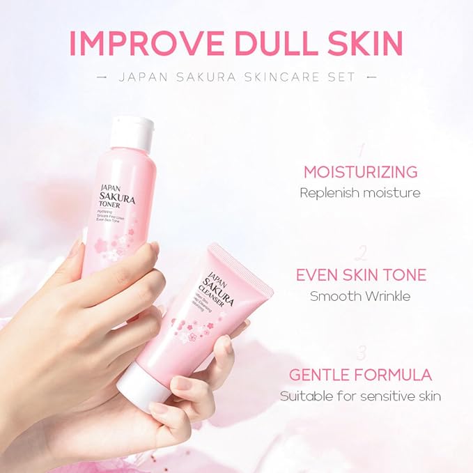 Sakura Skin Care Set, Women Gift Sets, Skin Care Kit with Cleanser, Toner, Serum, Eye Cream, Face Cream, Skin Care Routine Kit for Women, Even Skin Tone, Tighten & Firm Skin