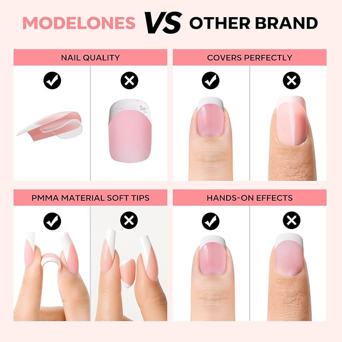 modelones French Tip Press on Nails, Short Square Fake Nails with Nail Box, Pink & White Gel Nail Tips for Women, Soft Glue-On Nails for Natural Salon Look, DIY Nail Art Kit