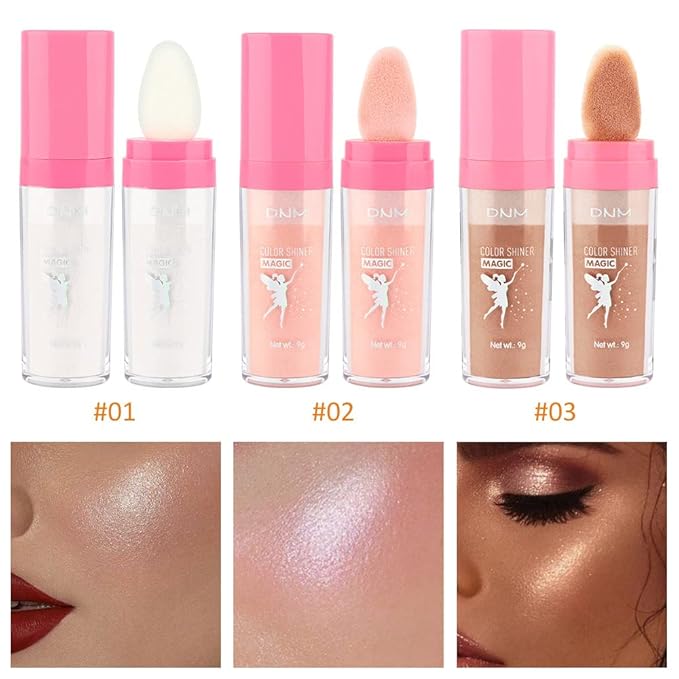 evpct 3Pcs Glitter Highlighter Powder Stick Make up Puff Fairy Stick Peal White Pink Bronze Shimmer Glitter Face Eye Body Liquid Highlighter makeup illuminators de maquillaje Glow Makeup Shimmer Stick