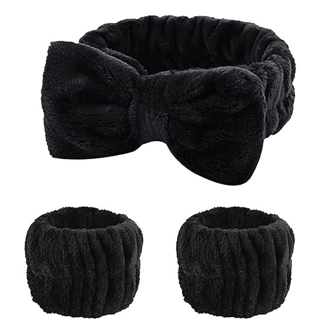 Fmeida Skincare Headband, Spa Headband for Washing Face,Wrist Bands and Hair Tie Black