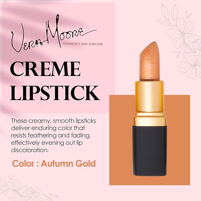 Vera Moore Cosmetics Soft Creme Lipstick - with Maximum Hydration & Moisture, Long Lasting Light Weight Opaque Color & Staying Power - Won't Feather or Fade - Fragrance & Paraben Free (Autumn Gold)