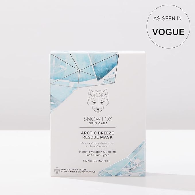 Snow Fox Arctic Breeze Rescue Sheet Mask with Peppermint & Aloe Vera – Cooling Face Mask to Calm & Revitalize Skin and Refresh after Travel – Hydrating Facial Skin Care for all Types – 5 Pack