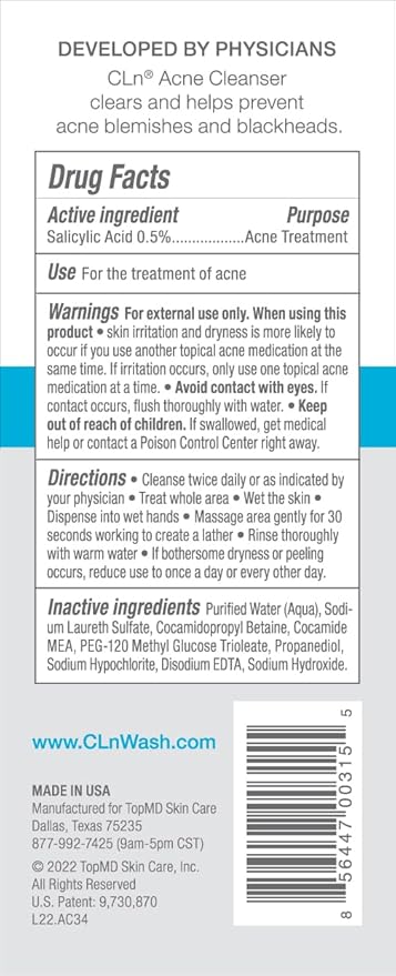 CLn® Acne Cleanser-Facial Cleanser with 0.5% Salicylic Acid to Eliminate Blackheads & Breakouts, Oil-Free & Fragrance-Free, 3.4 fl. oz.