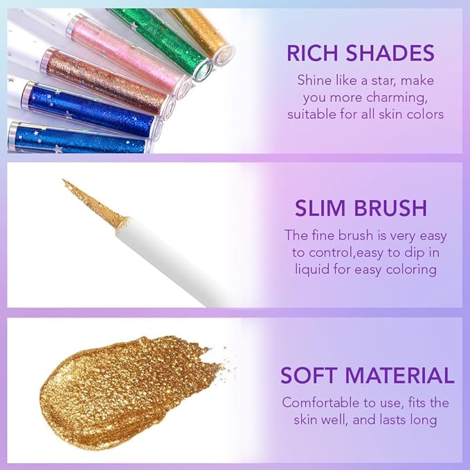 6Pcs Shimmer Metallic Eyeshadow Eyeliner Set - Glitter Sparkle, Long Lasting, Quick Drying, Waterproof & Smudge Proof, High Pigment Liquid Eyeshadow for Parties, Cosplay, Weddings (Set 2#)